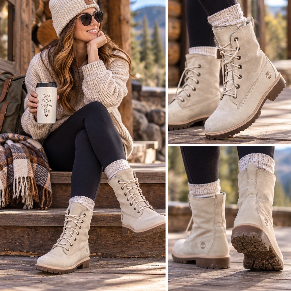 Timberland Womens Cream Suede Leather Shearling Lined Lace Up Boots Size 7